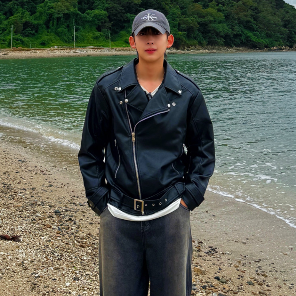 남자 튼모 오버핏 봄 가을 비건 레더 라이더 바이크 자켓 이미지 6