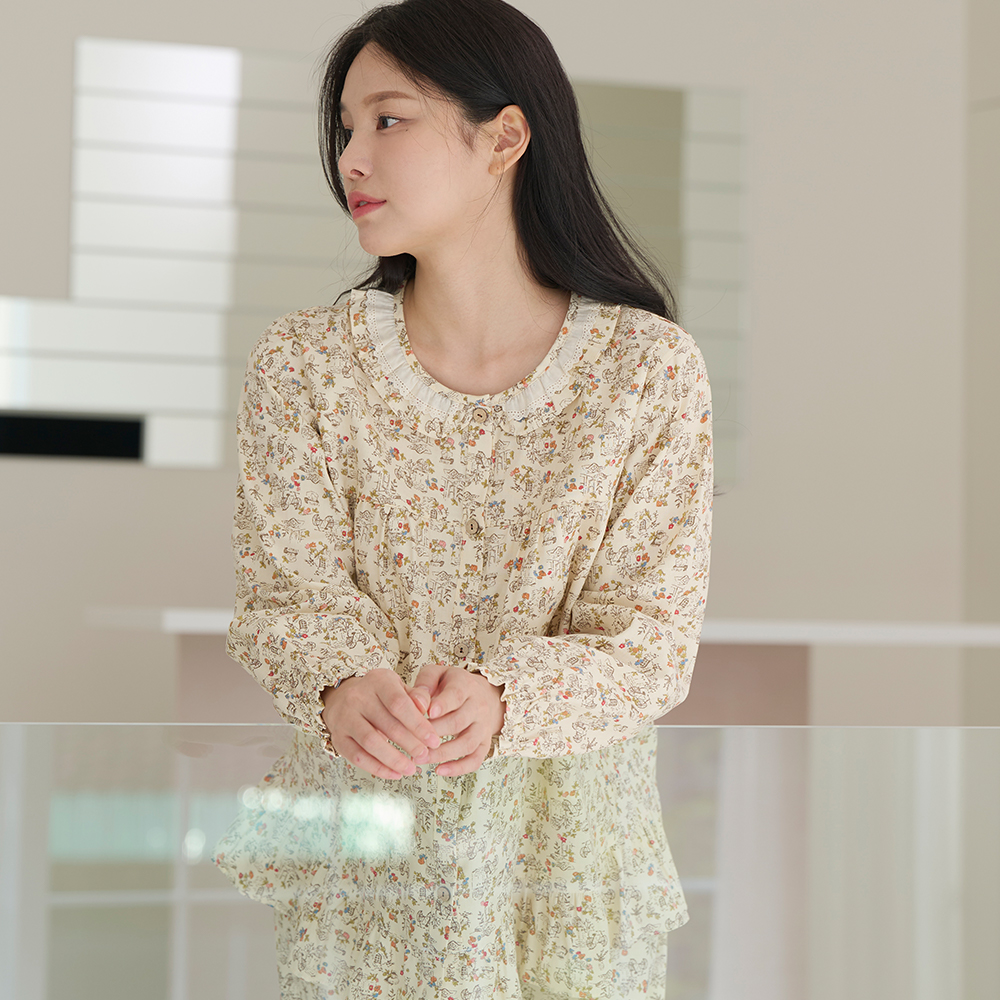 여자잠옷 순면 여성 잠옷 파자마 세트 플라워 꽃무늬 로맨틱 프릴 풍경 - 상품 이미지