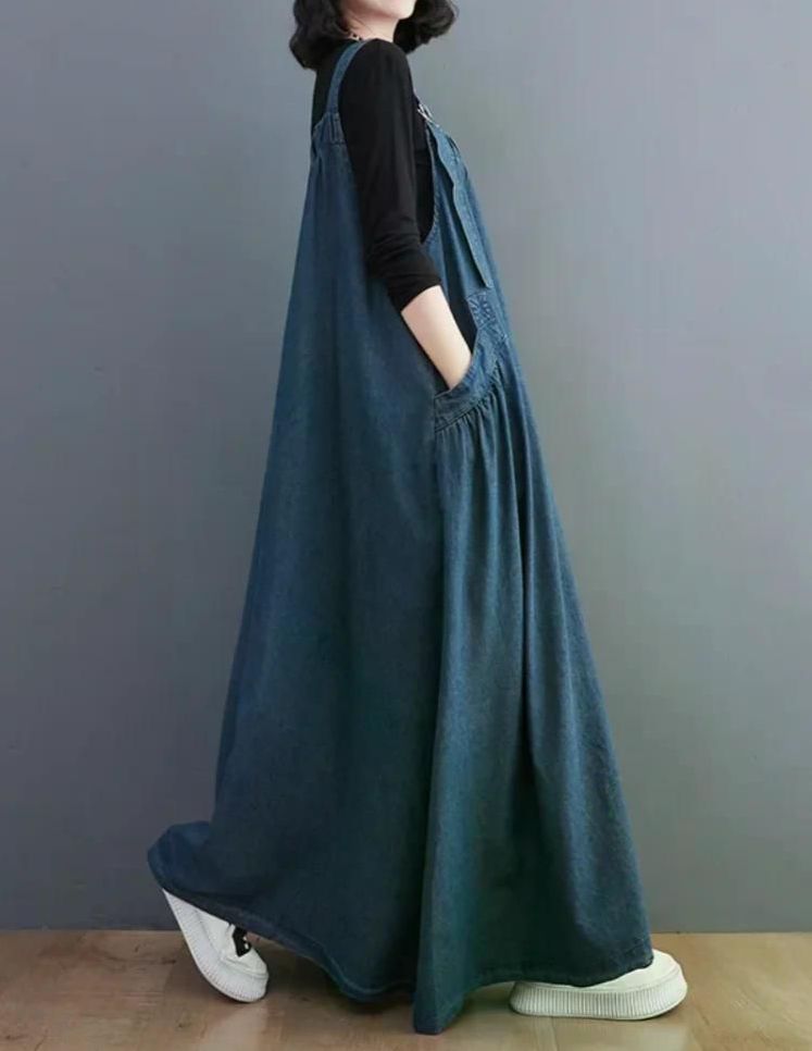 여친룩 원피스 가을 긴 빈티지 루즈 피트 슬리밍 데님 오버 사이즈 와이드 라인 스커트 60.00 kg-67.50 kg (블루) - 상세 이미지 4