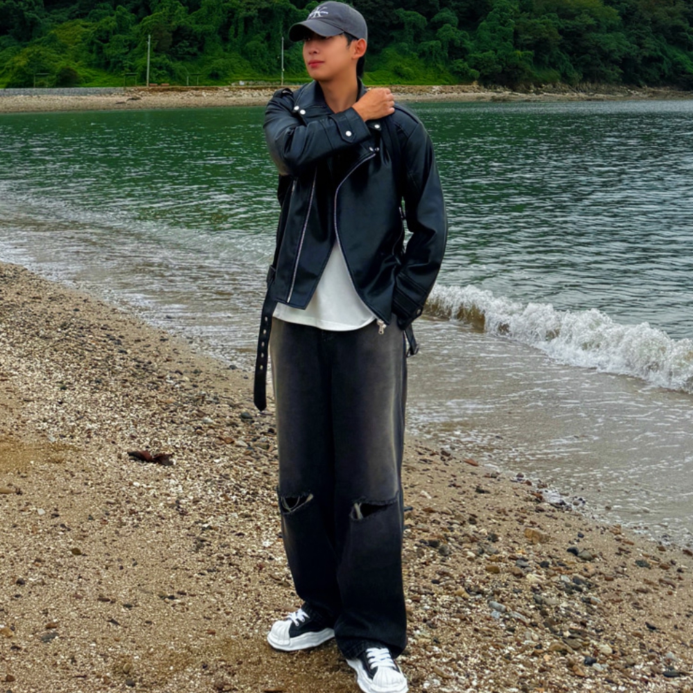 남자 튼모 오버핏 봄 가을 비건 레더 라이더 바이크 자켓 - 상세 이미지 4