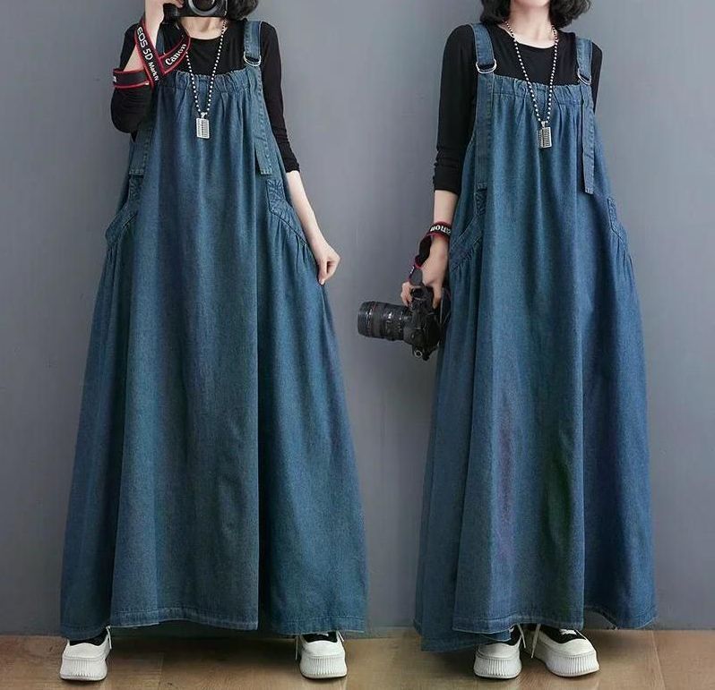 여친룩 원피스 가을 긴 빈티지 루즈 피트 슬리밍 데님 오버 사이즈 와이드 라인 스커트 60.00 kg-67.50 kg (블루)