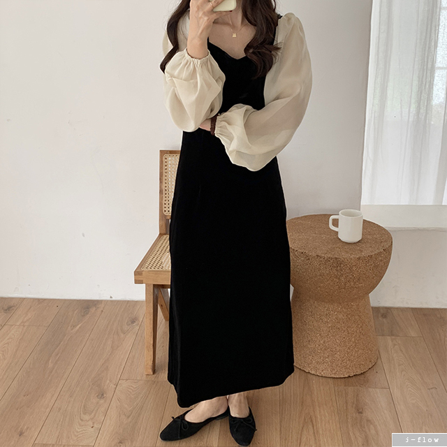 어반 레이어드 벨벳 롱 원피스 (블랙) 가을 겨울 시스루 슬림 하객 퍼프 벌룬 제이플로우