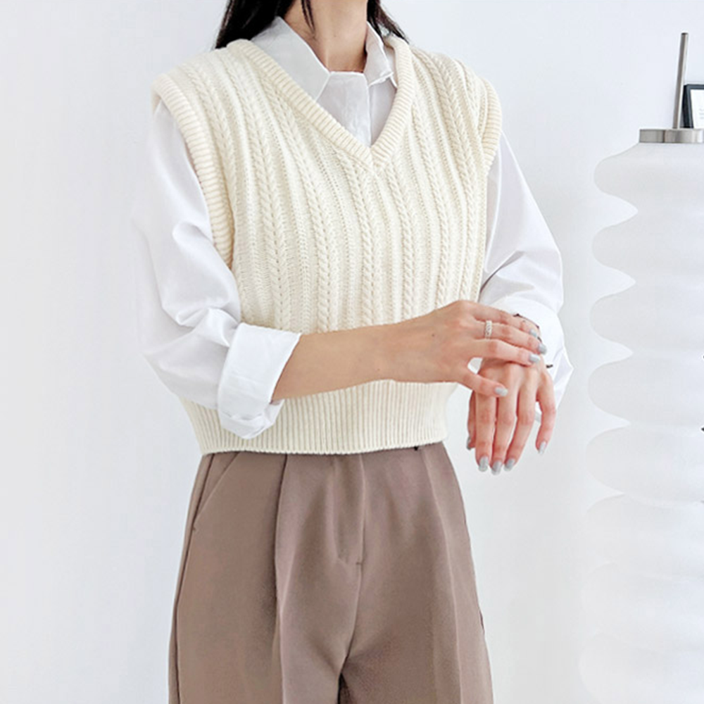 크롭니트조끼 꽈배기 케이블 봄 가을 간절기 브이넥 베스트 - 상세 이미지 5