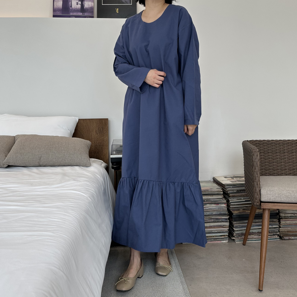 빅사이즈 자체제작 H라인 밑단 프릴 맥시 롱 원피스 긴팔 박시핏 하객 임산부 오피스 정장