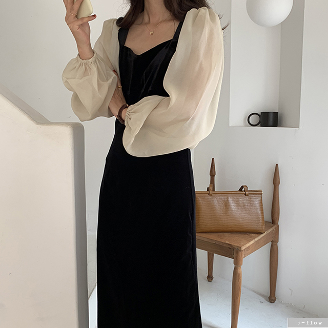 어반 레이어드 벨벳 롱 원피스 (블랙) 가을 겨울 시스루 슬림 하객 퍼프 벌룬 제이플로우