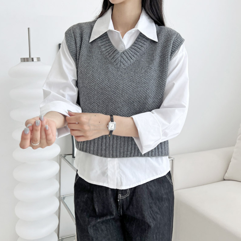 크롭니트조끼 루즈핏 봄 가을 간절기 레이어드 브이넥 베스트 - 상세 이미지 3