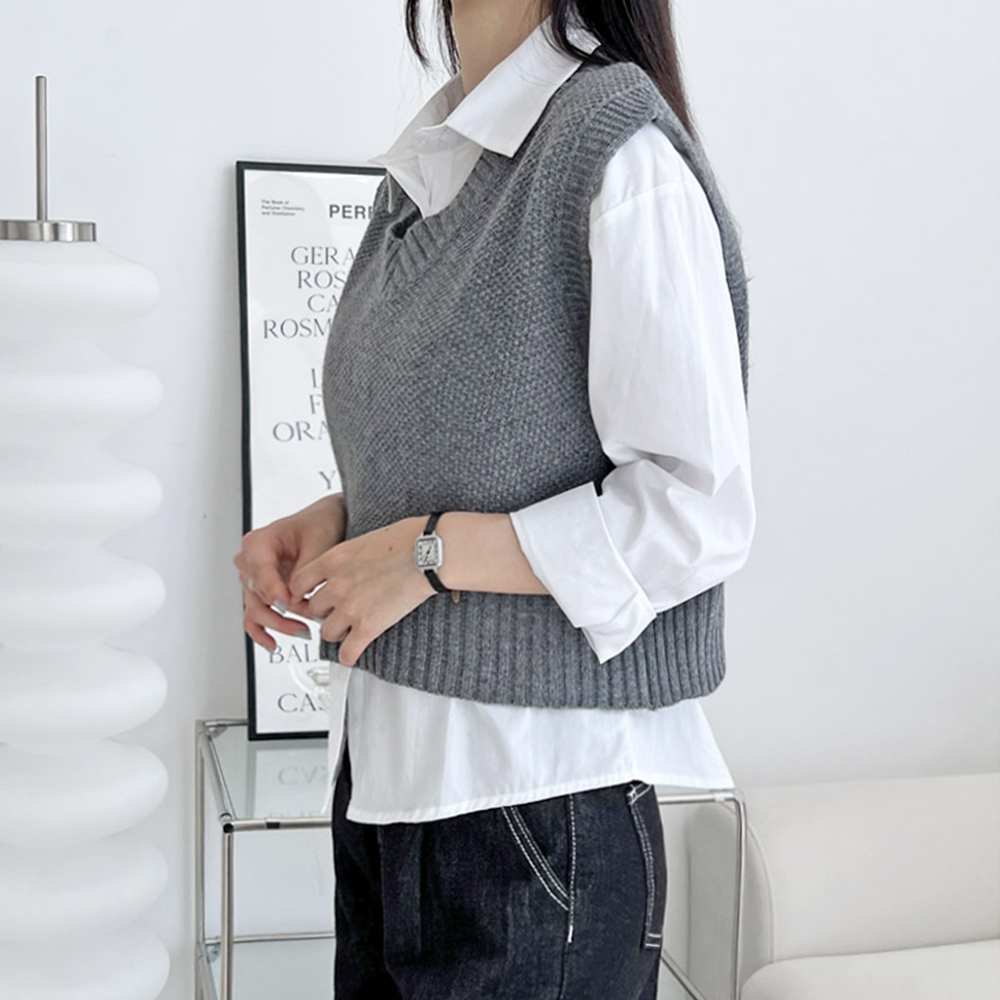 크롭니트조끼 루즈핏 봄 가을 간절기 레이어드 브이넥 베스트 - 상세 이미지 4