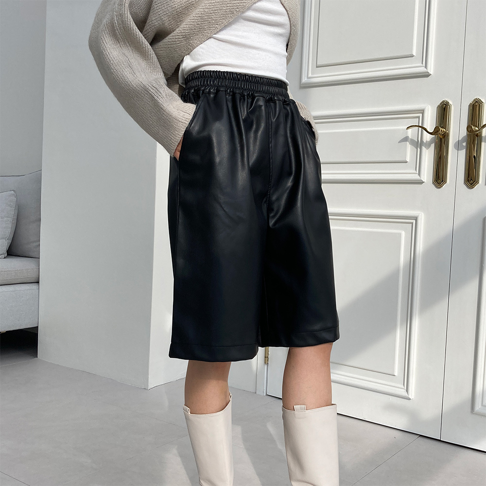 레더 미디 5부 팬츠 와이드 밴딩 기모 반바지 - 상세 이미지 5