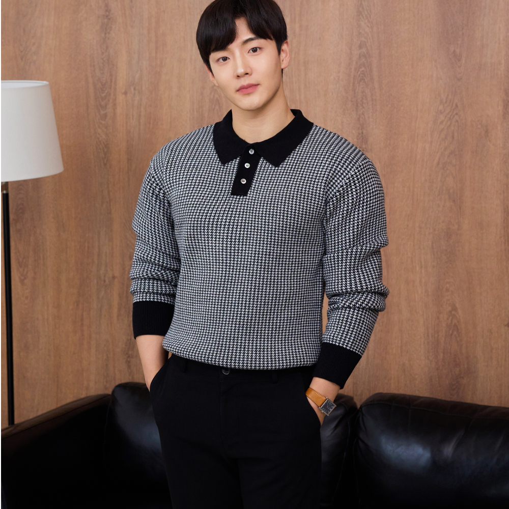 어깨넓어보이는 남자 고밀도 울 카라 머슬핏 긴팔 니트 올드머니룩