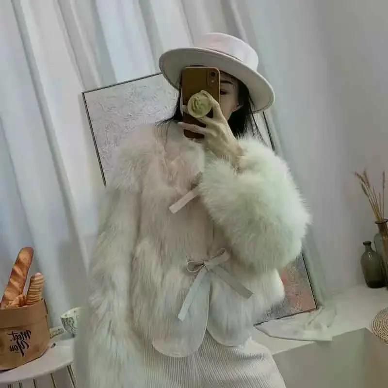 여친룩 인조 모피 크롭 코트 패션 O넥 푹신한 짧은 재킷 우아한 파카 가을 밀키 화이트 S - 상세 이미지 5