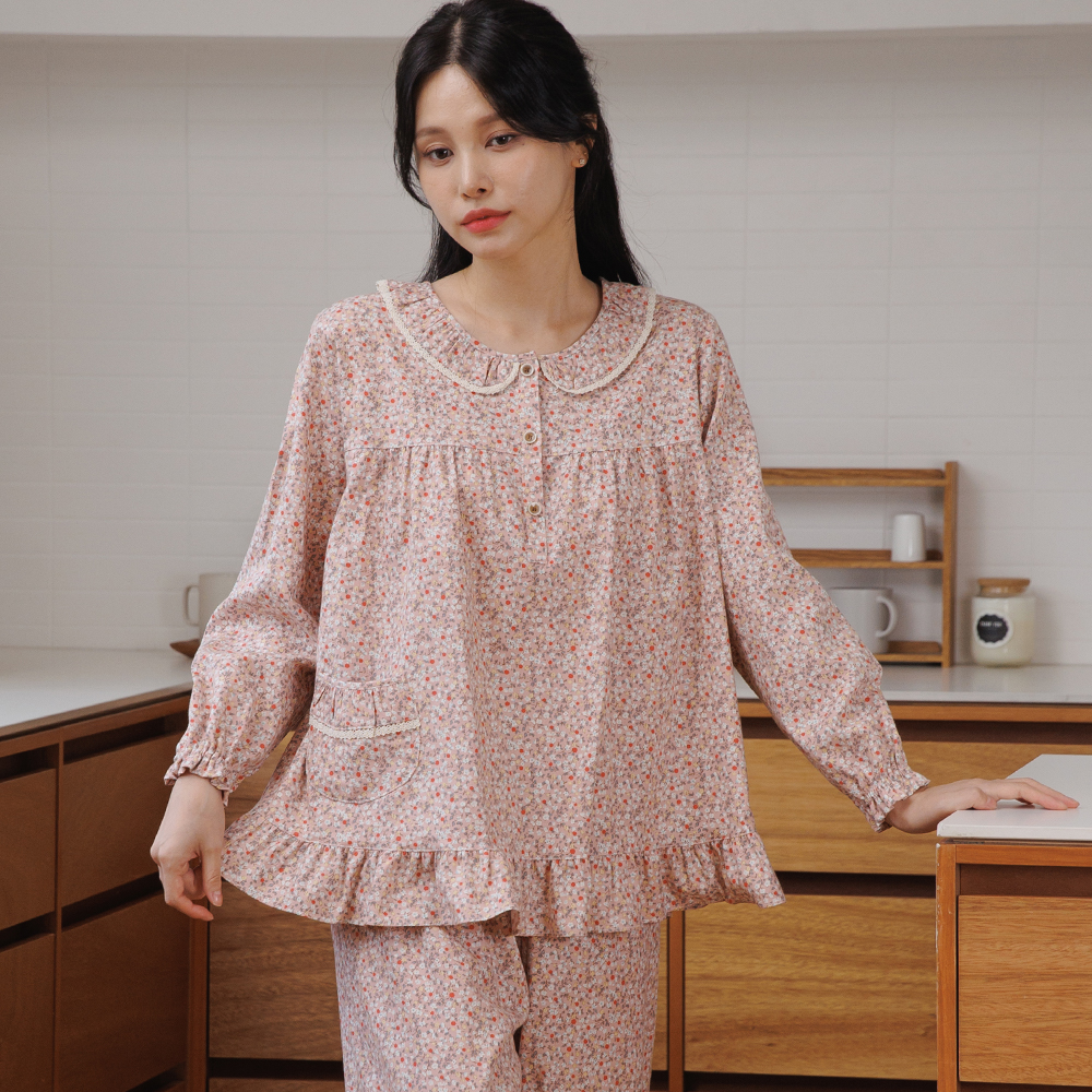 여자잠옷 순면 여성 잠옷 파자마 세트 플라워 꽃무늬 로맨틱 프릴 플러피 이미지 7