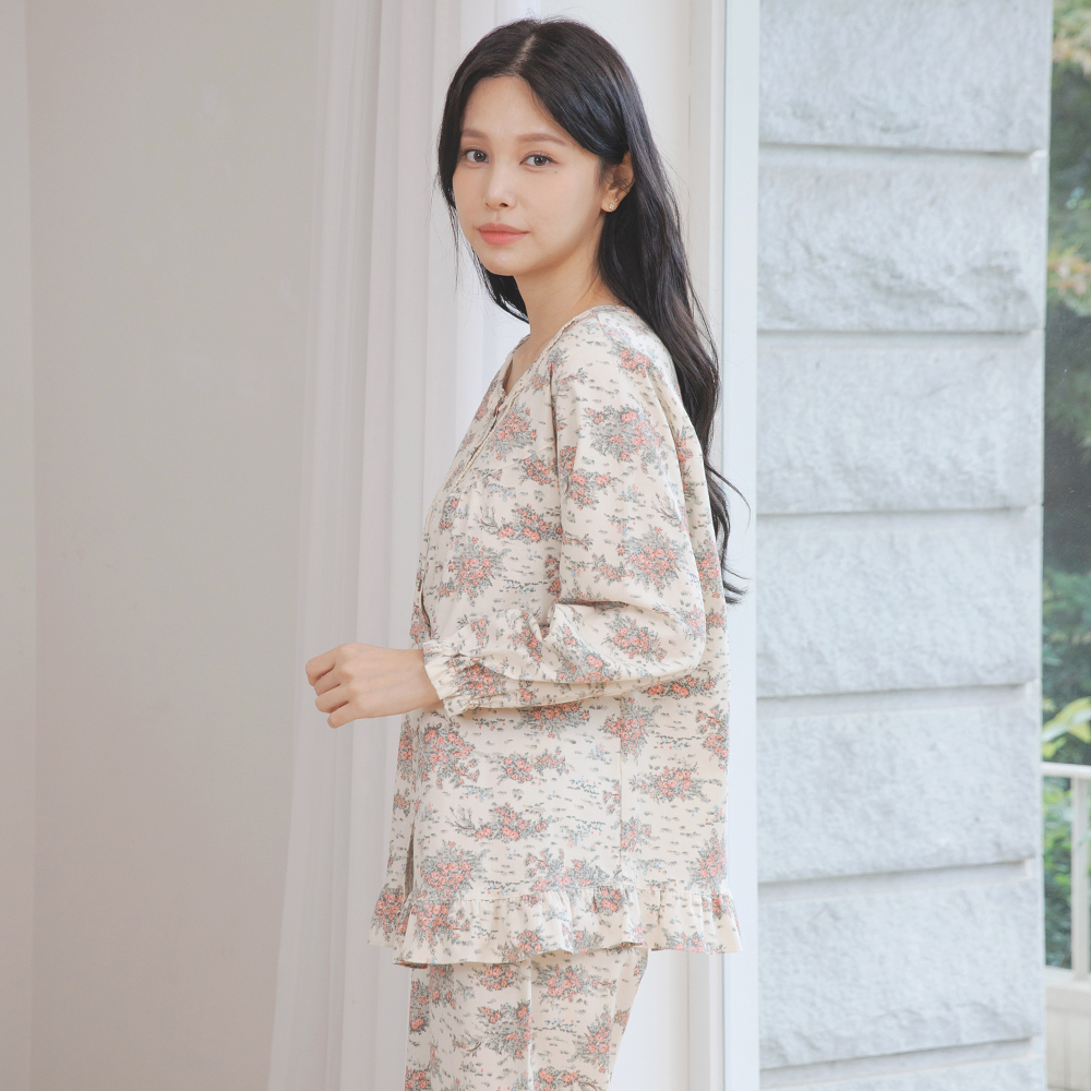 여자잠옷 순면 여성 잠옷 파자마 세트 플라워 꽃무늬 로맨틱 프릴 아이비 - 상세 이미지 5