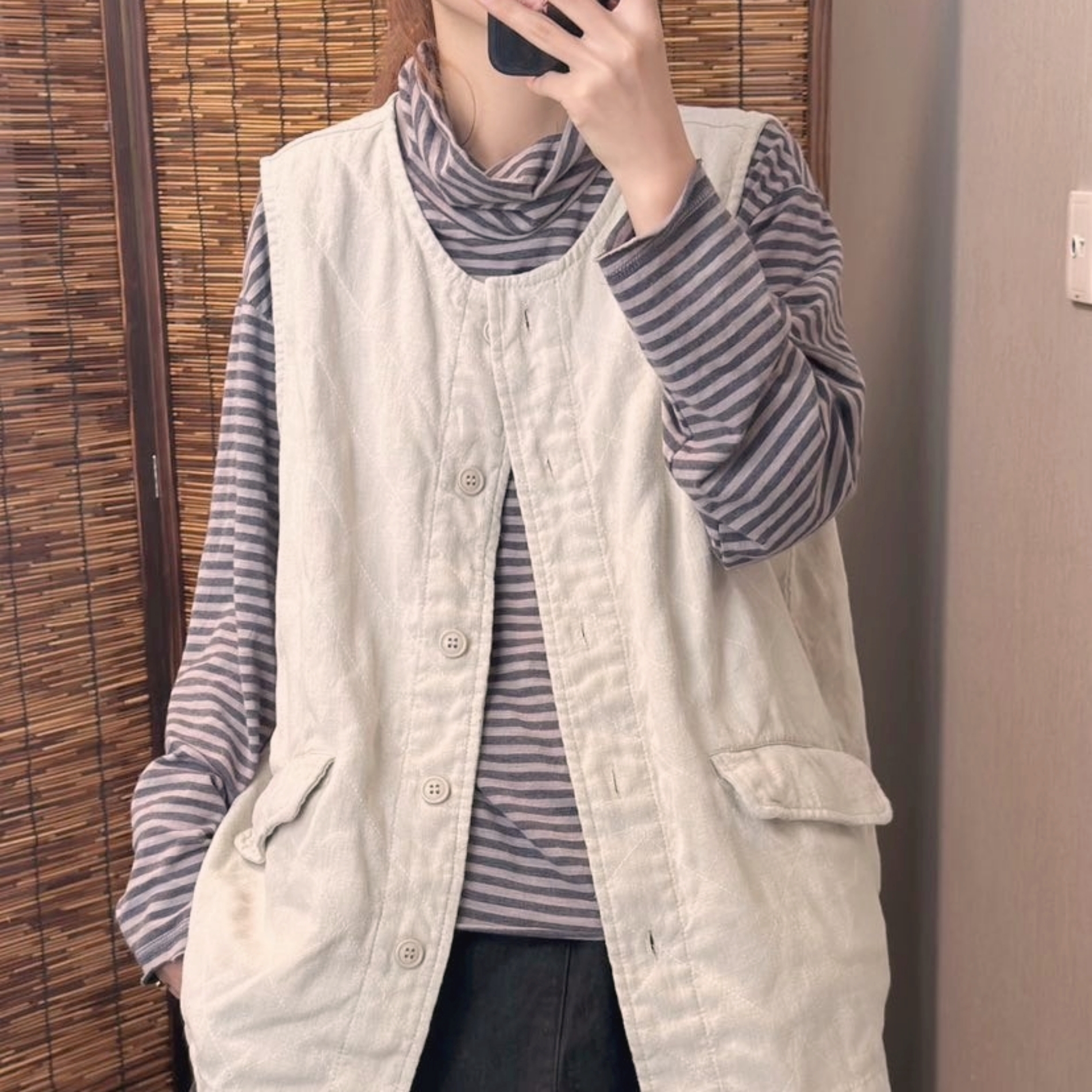 가을린넨조끼 린넨 롱조끼 면안감 여성 베스트 - 메인 이미지