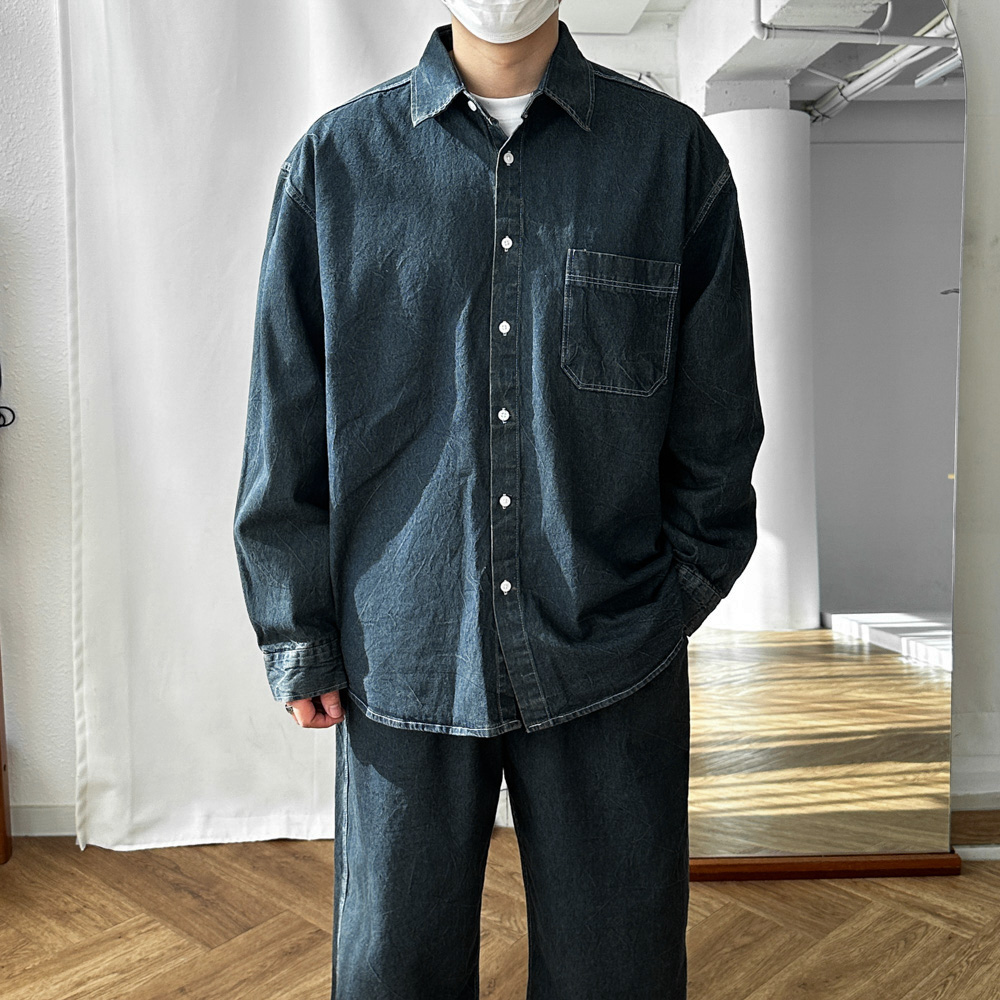남자 오버핏 포켓 빈티지 그린틴 크랙 데님 셔츠 청청 세트 가능 2color 이미지 6