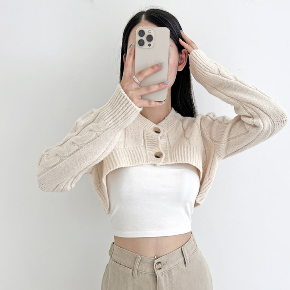 케이블니트가디건 어깨 레이어드 꽈배기 숏 크롭 카디건 볼레로 - 상세 이미지 3