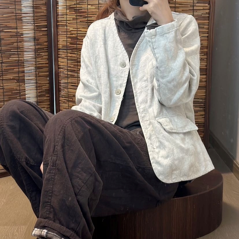 가을린넨자켓 브이넥 면안감 누빔 퀼팅자켓 - 상세 이미지 2