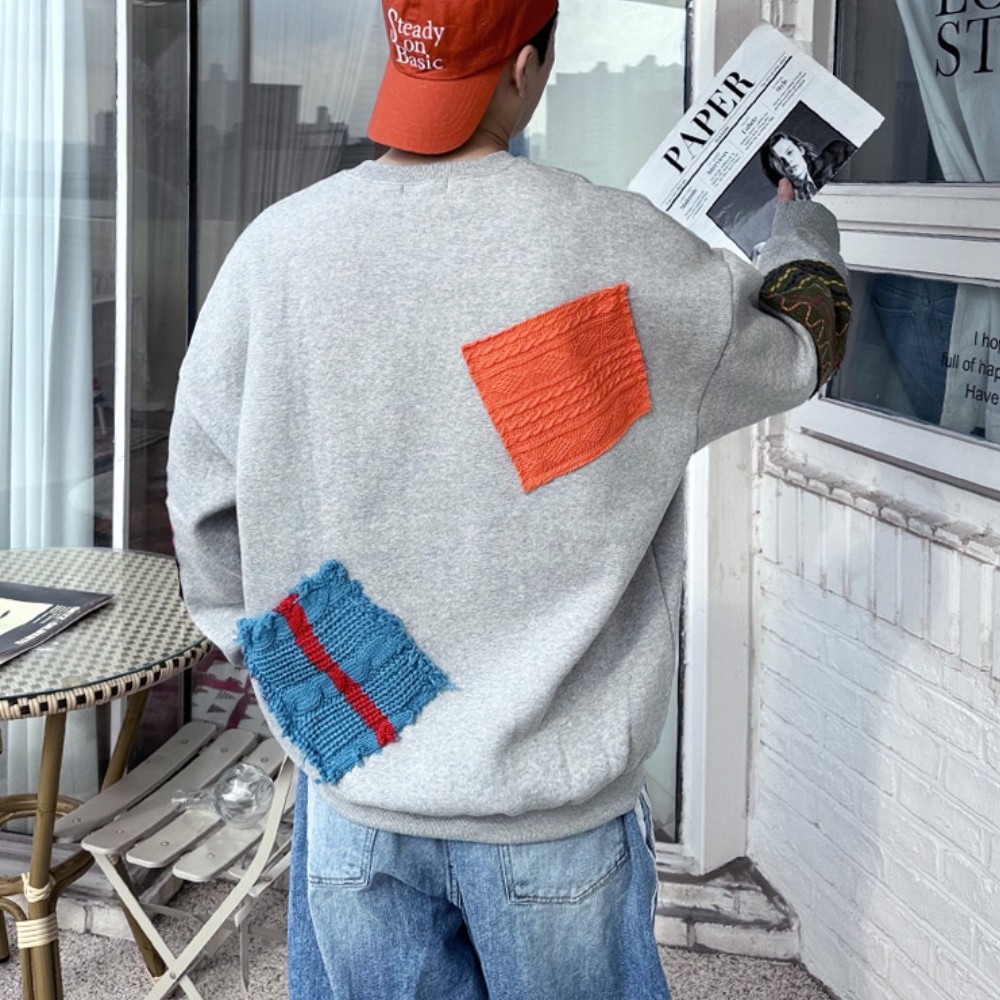 남자 오탈 오버핏 봄 가을 니트패치 캐주얼 맨투맨 - 상세 이미지 2
