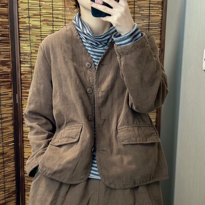 가을린넨자켓 브이넥 면안감 누빔 퀼팅자켓 - 상세 이미지 4