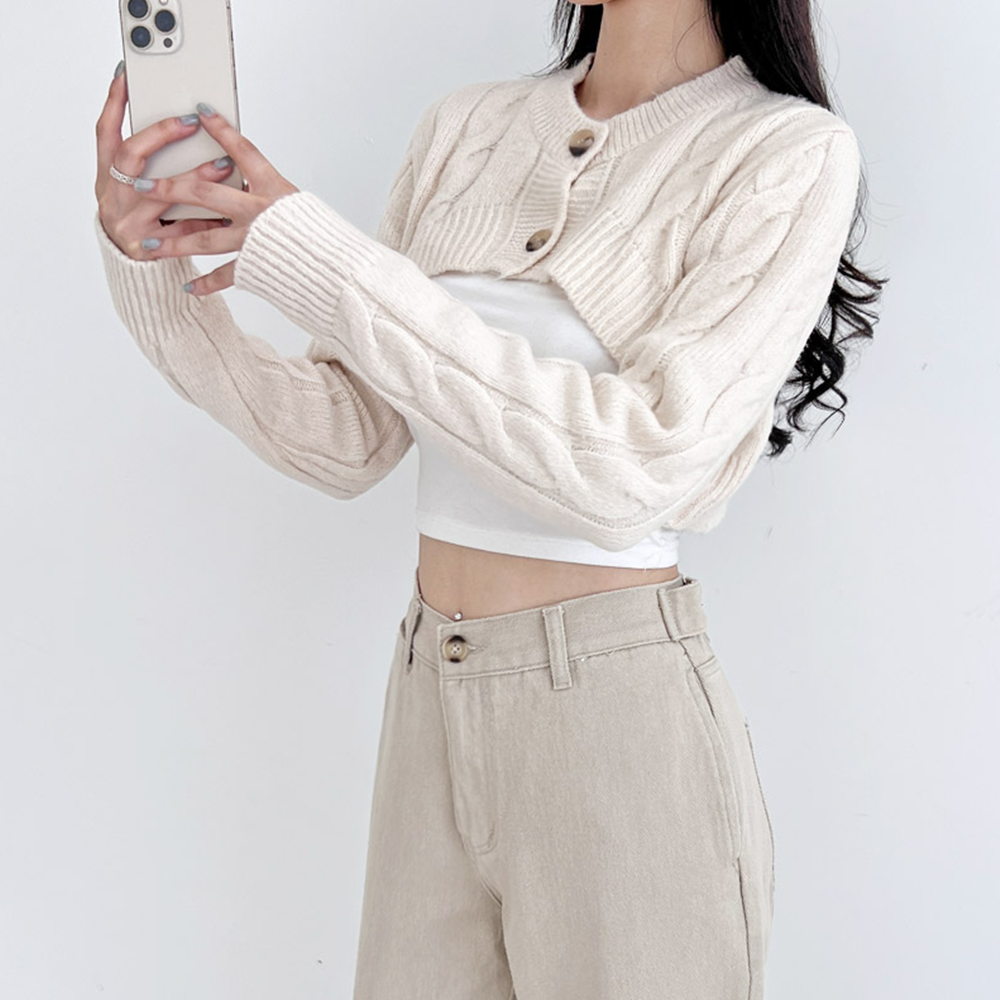 케이블니트가디건 어깨 레이어드 꽈배기 숏 크롭 카디건 볼레로 - 상세 이미지 5