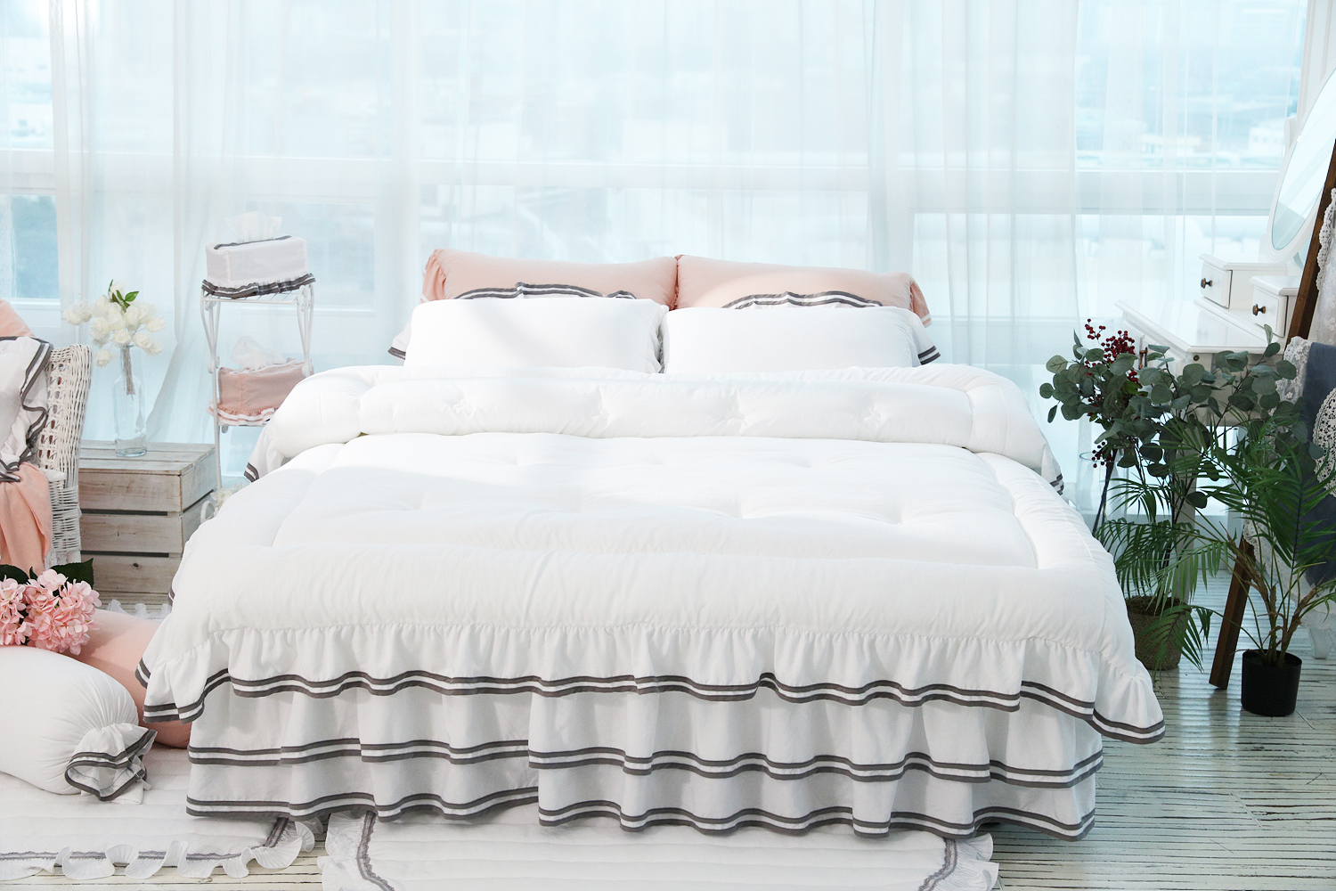 류금숙 투라인 실키케어 향균프릴 차렵이불 베개커버 이중프릴침대커버세트 SS/Q/K/SK