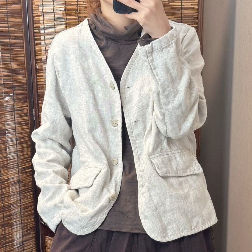 가을린넨자켓 브이넥 면안감 누빔 퀼팅자켓 - 메인 이미지