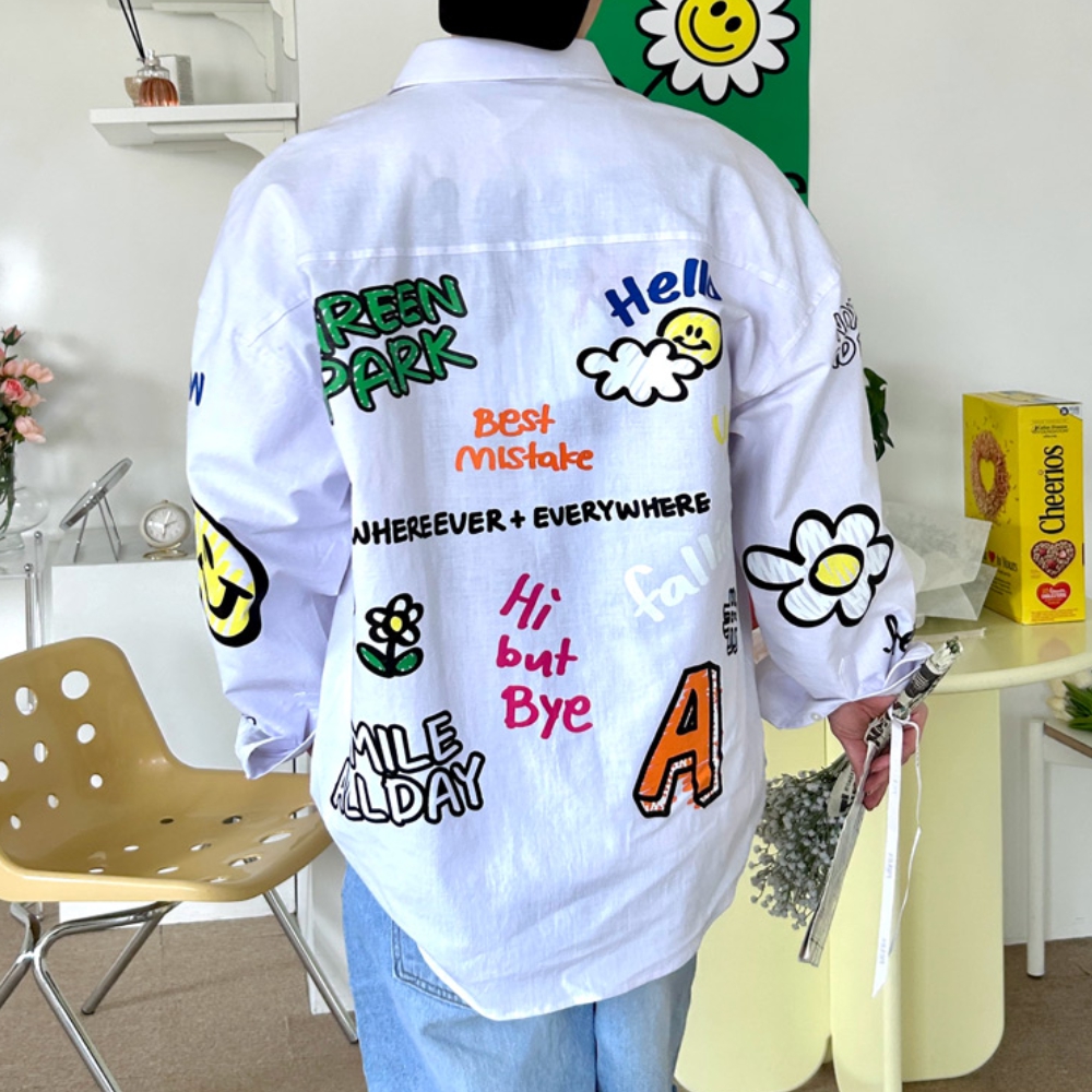 남자 그파 오버핏 봄 가을 낙서 유니크 셔츠 남방 이미지 7