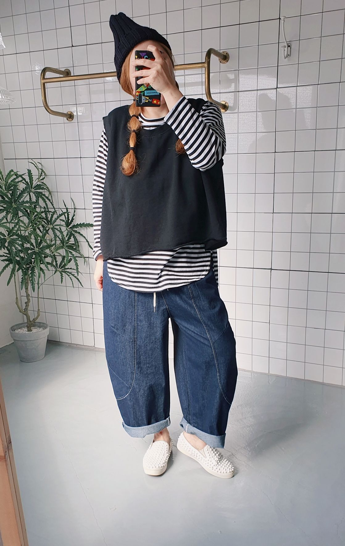 오버핏 라운딩 절개 진청 배기바지 - 상세 이미지 4