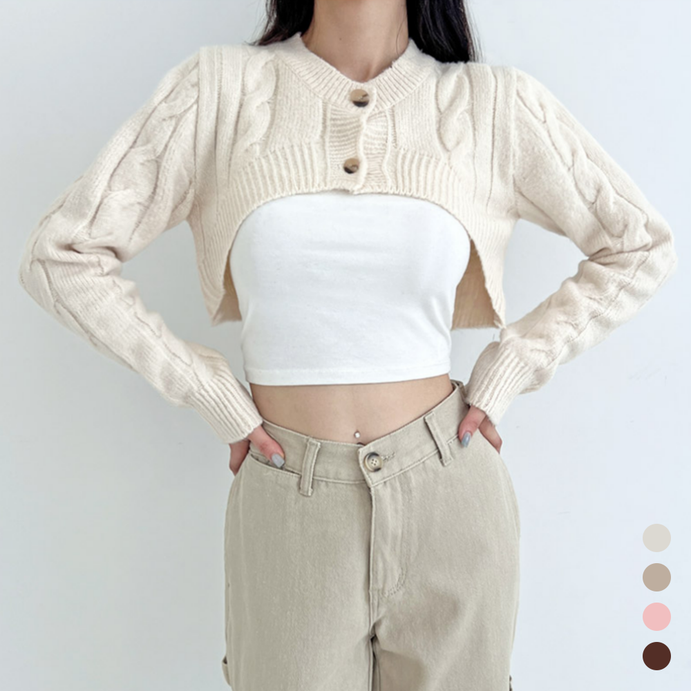 케이블니트가디건 어깨 레이어드 꽈배기 숏 크롭 카디건 볼레로 - 메인 이미지