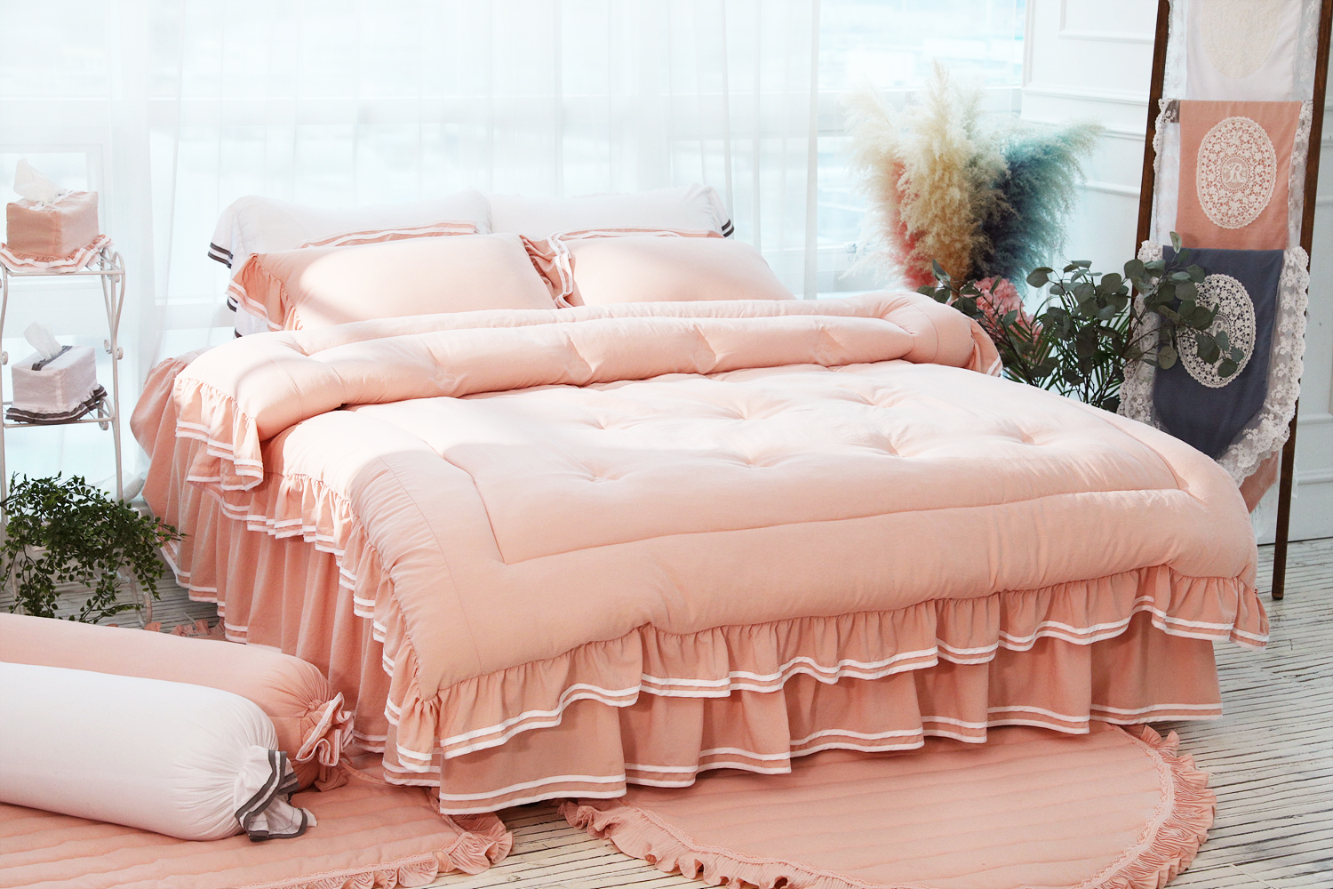 류금숙 투라인 실키케어 향균프릴 차렵이불 베개커버 롱침대커버세트 SS/Q/K/SK 국내생산