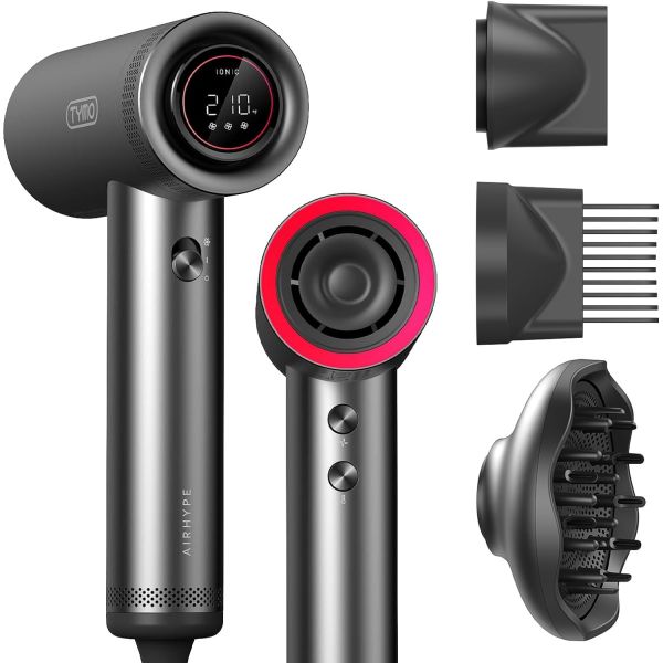 곱슬머리용 디퓨저가 장착된 TYMO 헤어 드라이어 빗이 1500W 프로페셔널 고속 이온 블로우 110000RPM 패스트 4템프 및 3스피드 8피트... 