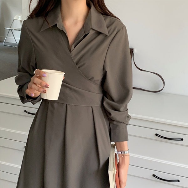 레이니 카라넥 봄 h라인 셔츠 랩 원피스