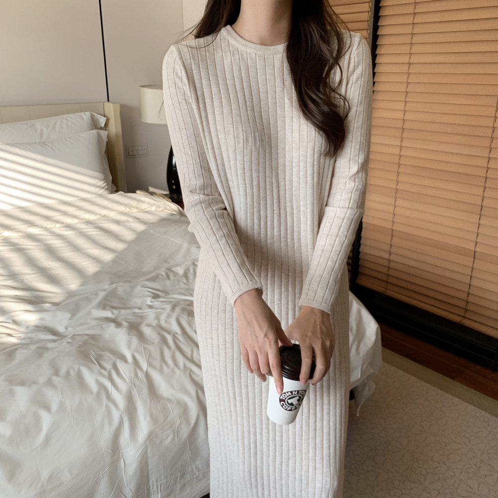 루즈핏 골지 H라인 니트 롱 원피스 여성 가을 원피스 베이지 데일리룩