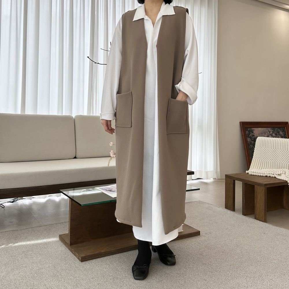 빅사이즈 자체제작 가을 겨울 브이넥 기모 밍크 스판 롱 베스트 박시 루즈핏 로브 조끼 제품 이미지