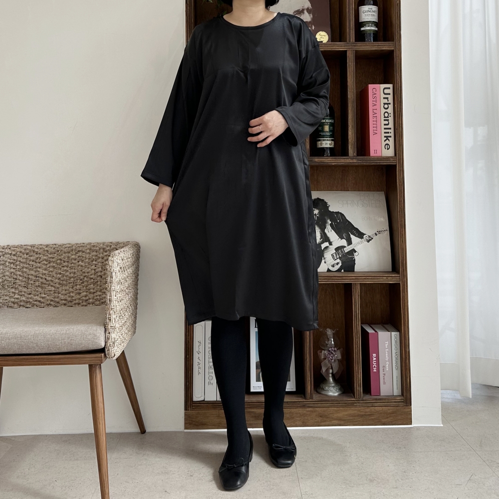 빅사이즈 자체제작 블랙 반광택 남방 원피스 박시핏 라운드넥 숄카라 롱 셔츠 정장 오피스