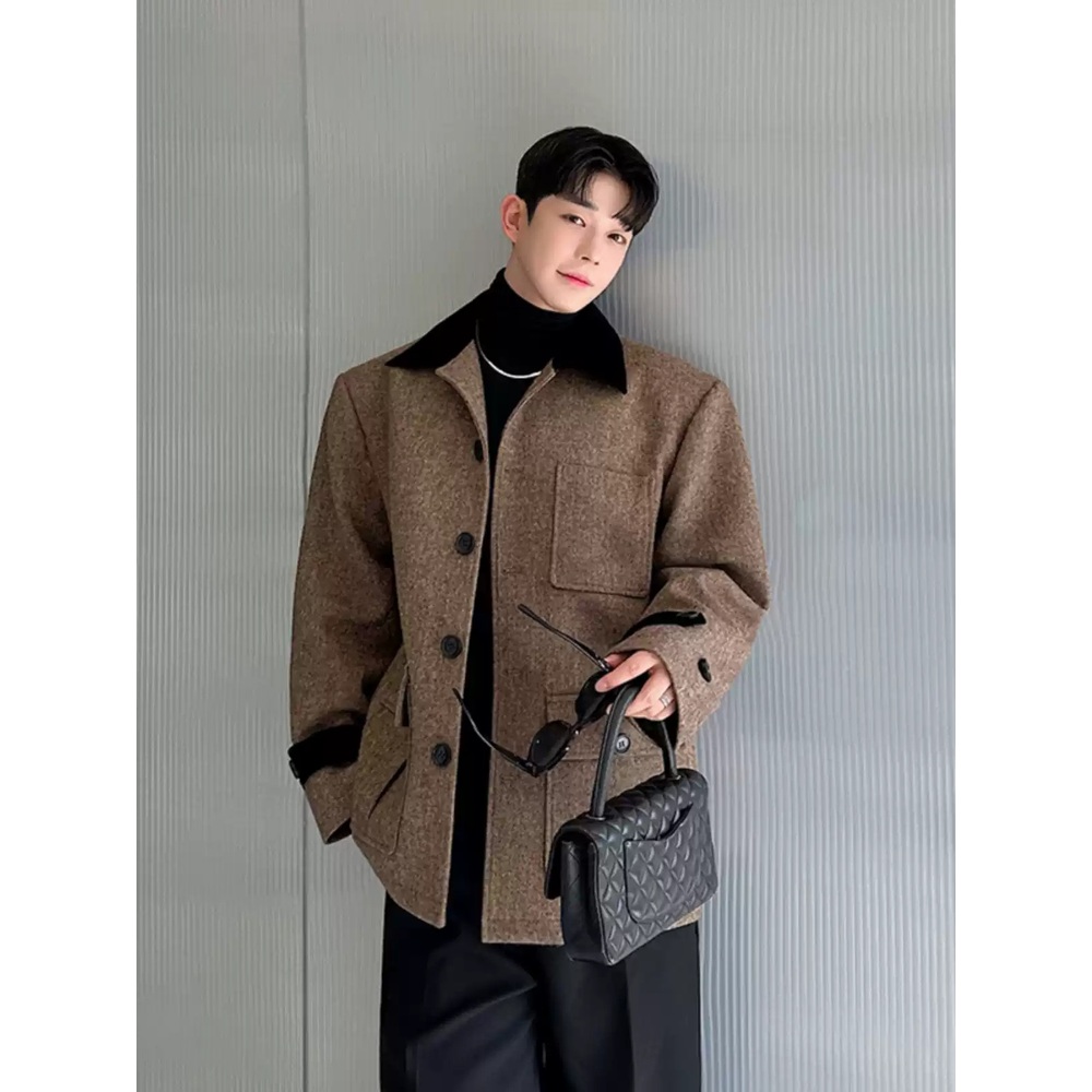 울포함 모직 하프자켓 클래식 레트로 디자인 캐주얼정장 남친룩 하객 패션 코디 그레이 2컬러 - 상세 이미지 5
