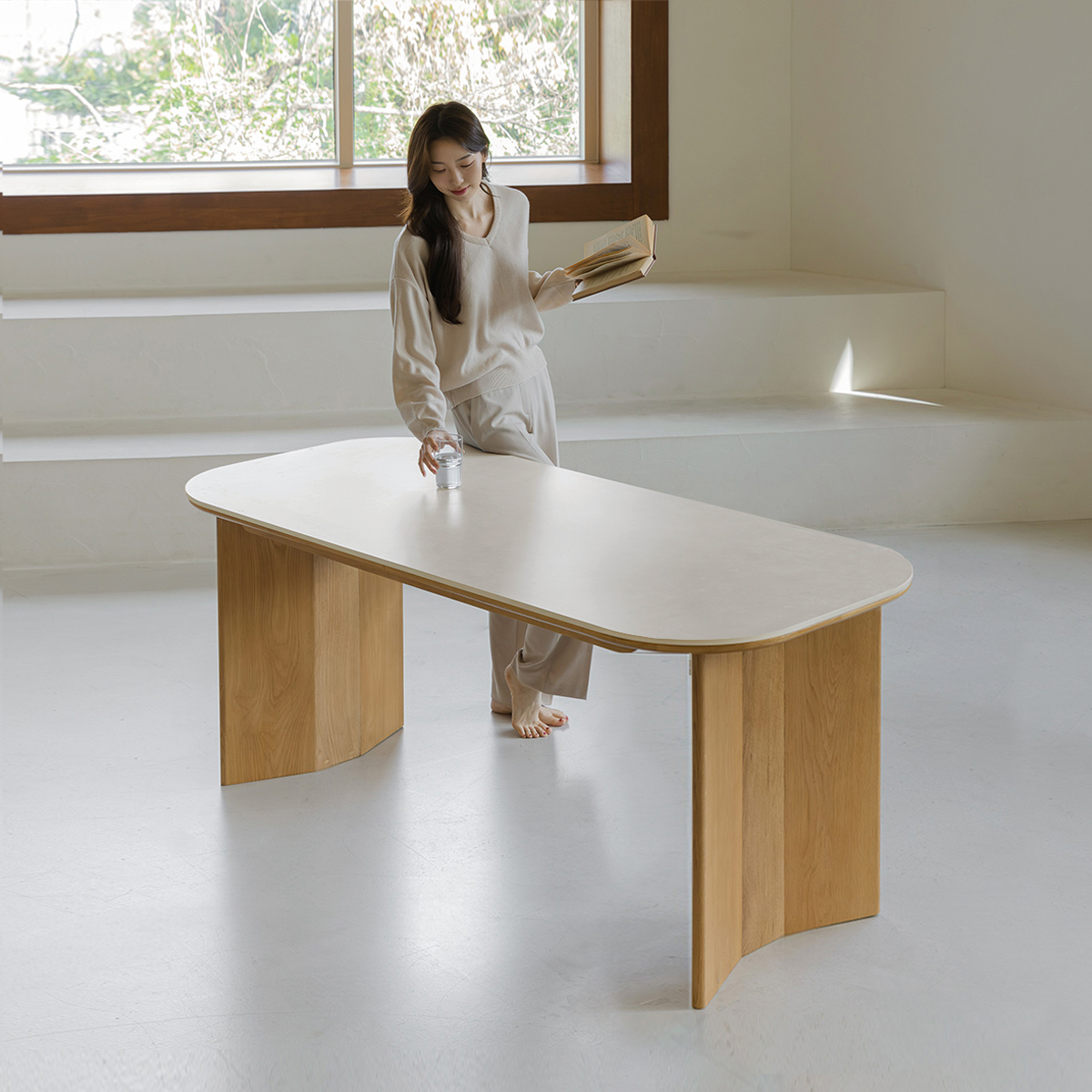 데네브 세라믹 식탁 4인용 원목 포세린 1600 내추럴 베이지 식탁 오크