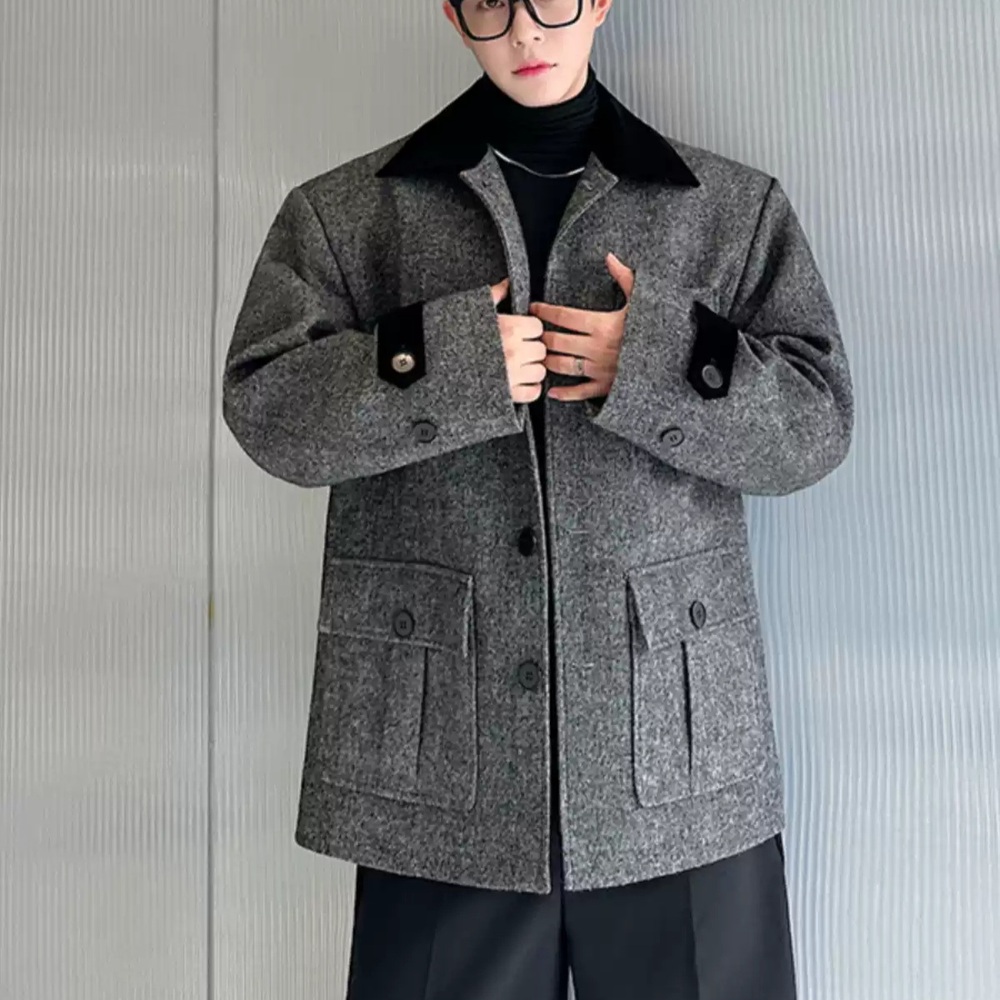 울포함 모직 하프자켓 클래식 레트로 디자인 캐주얼정장 남친룩 하객 패션 코디 그레이 2컬러 - 상세 이미지 2