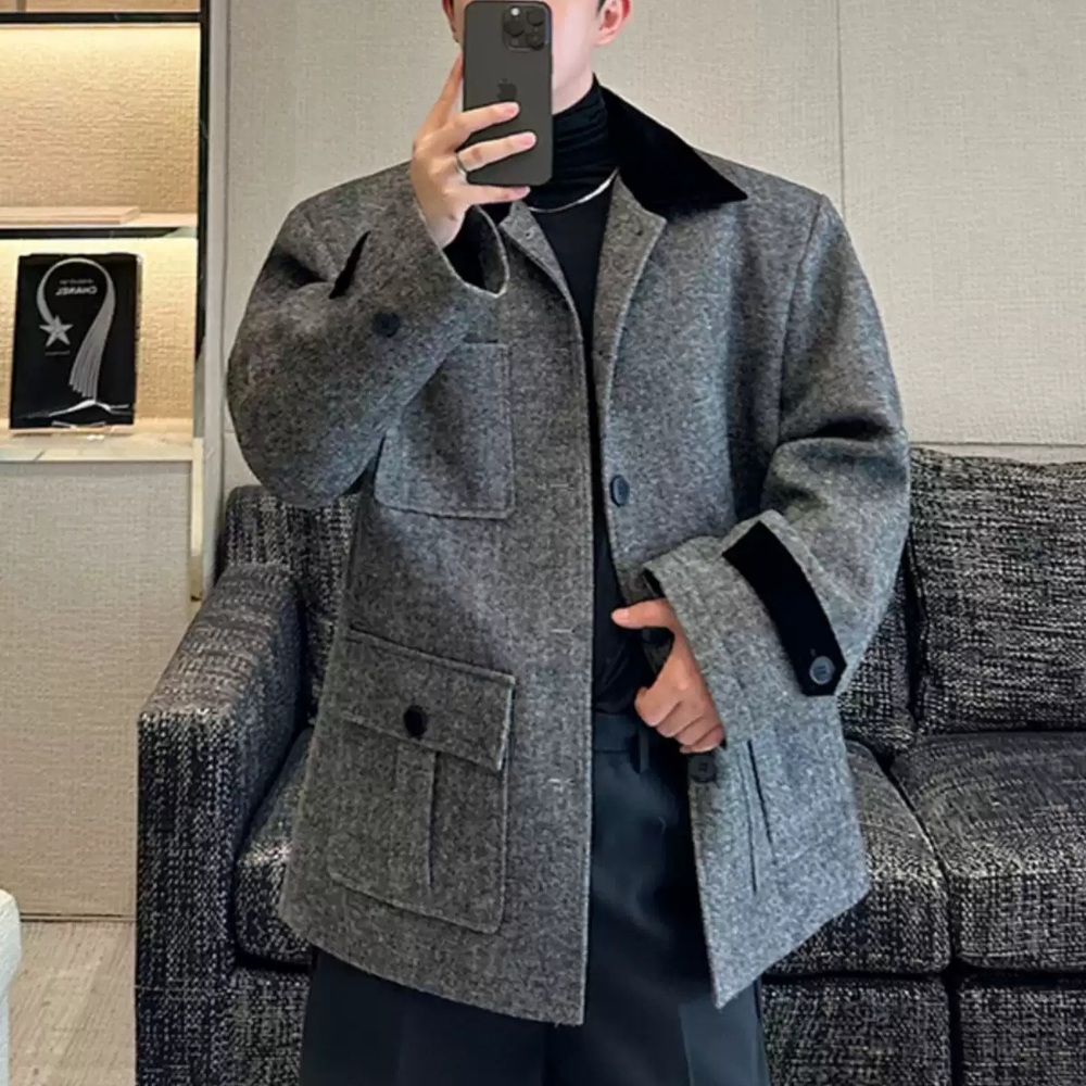 울포함 모직 하프자켓 클래식 레트로 디자인 캐주얼정장 남친룩 하객 패션 코디 그레이 2컬러 - 상품 이미지