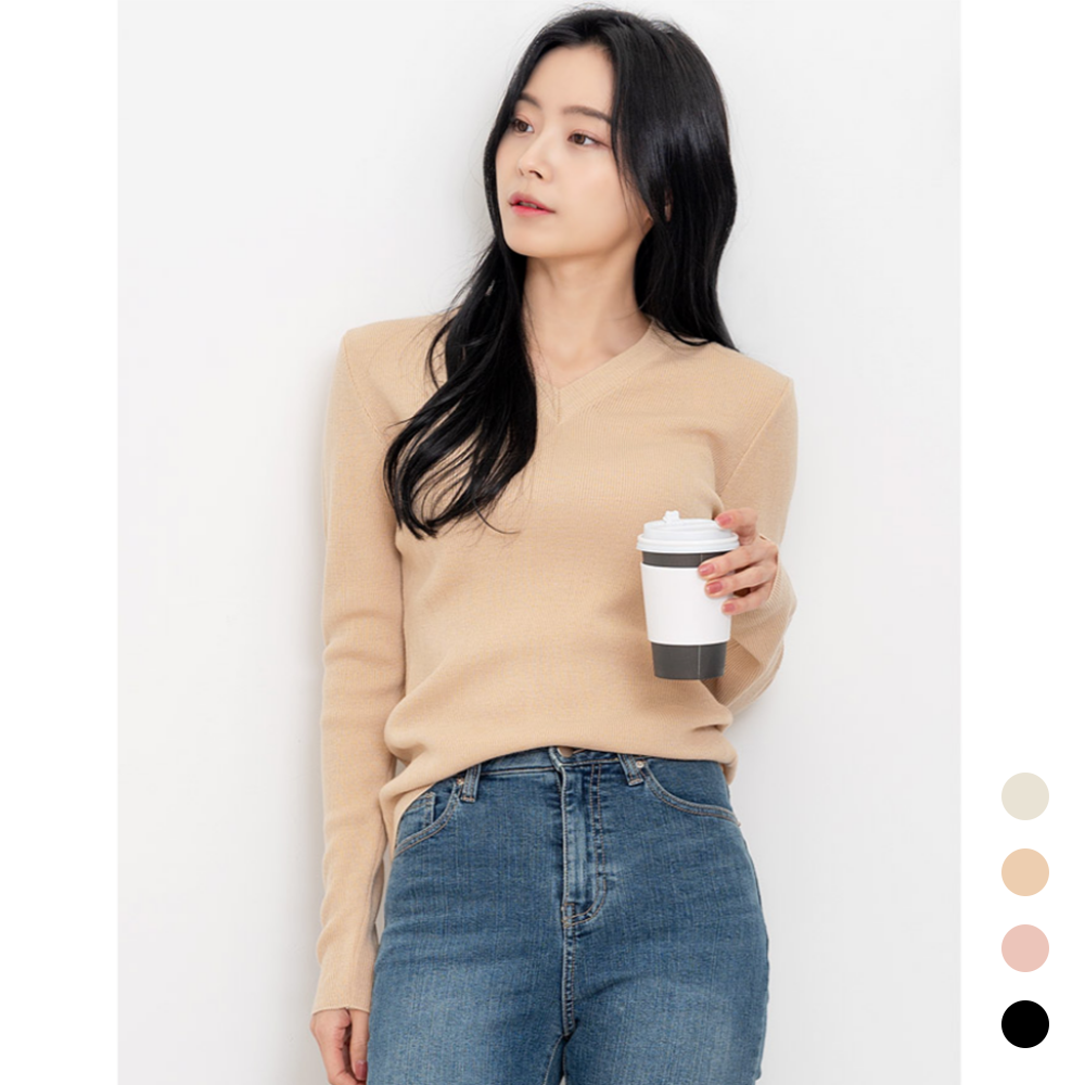 베이지색니트 브이넥 V넥 골지 간절기 봄 가을 슬림핏 니트 - 상품 이미지