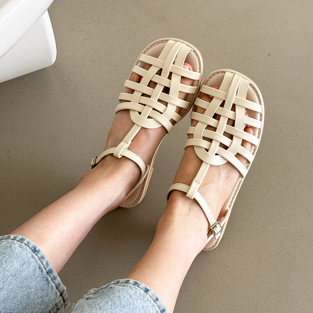 피셔맨 위빙 발편한 T스트랩 앞막힌 여름 샌들