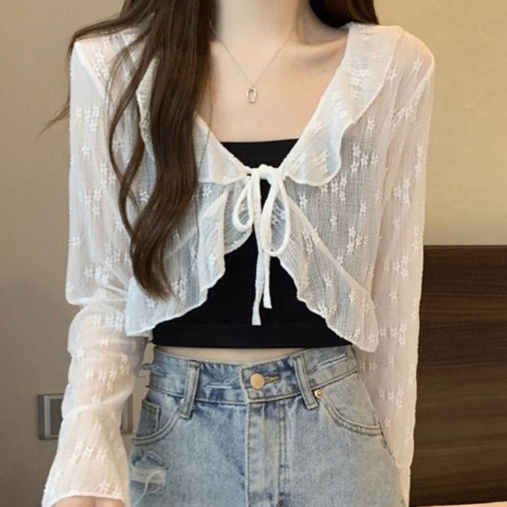 예쁜 레이스 플라위 패턴 숏 얇은 망사 가디건 : 에브리씽굿샵