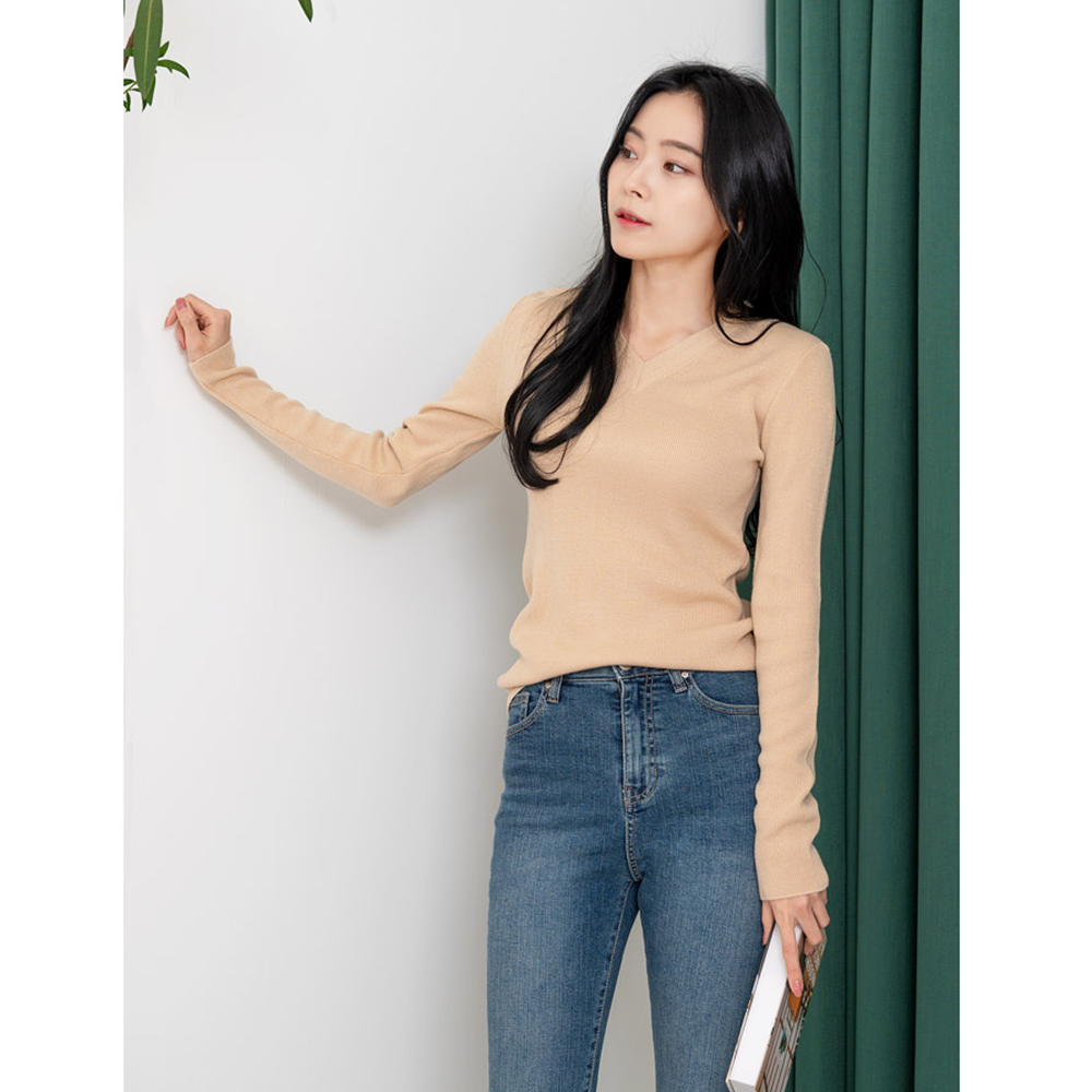 베이지색니트 브이넥 V넥 골지 간절기 봄 가을 슬림핏 니트 - 상세 이미지 4