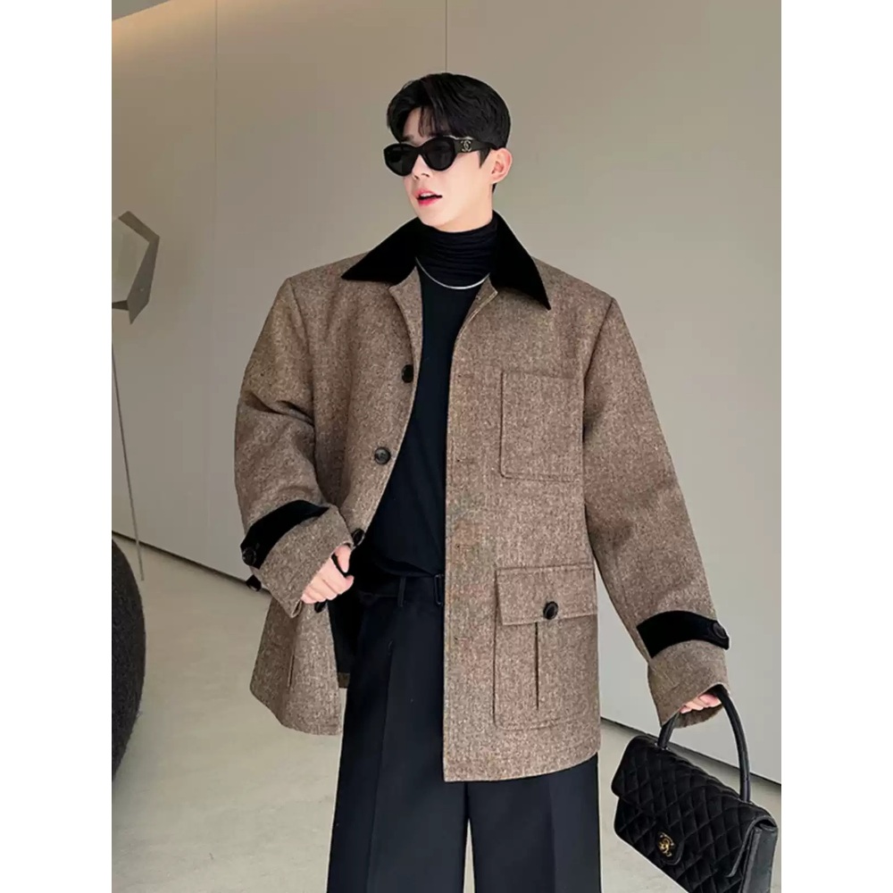 울포함 모직 하프자켓 클래식 레트로 디자인 캐주얼정장 남친룩 하객 패션 코디 그레이 2컬러 - 상세 이미지 4
