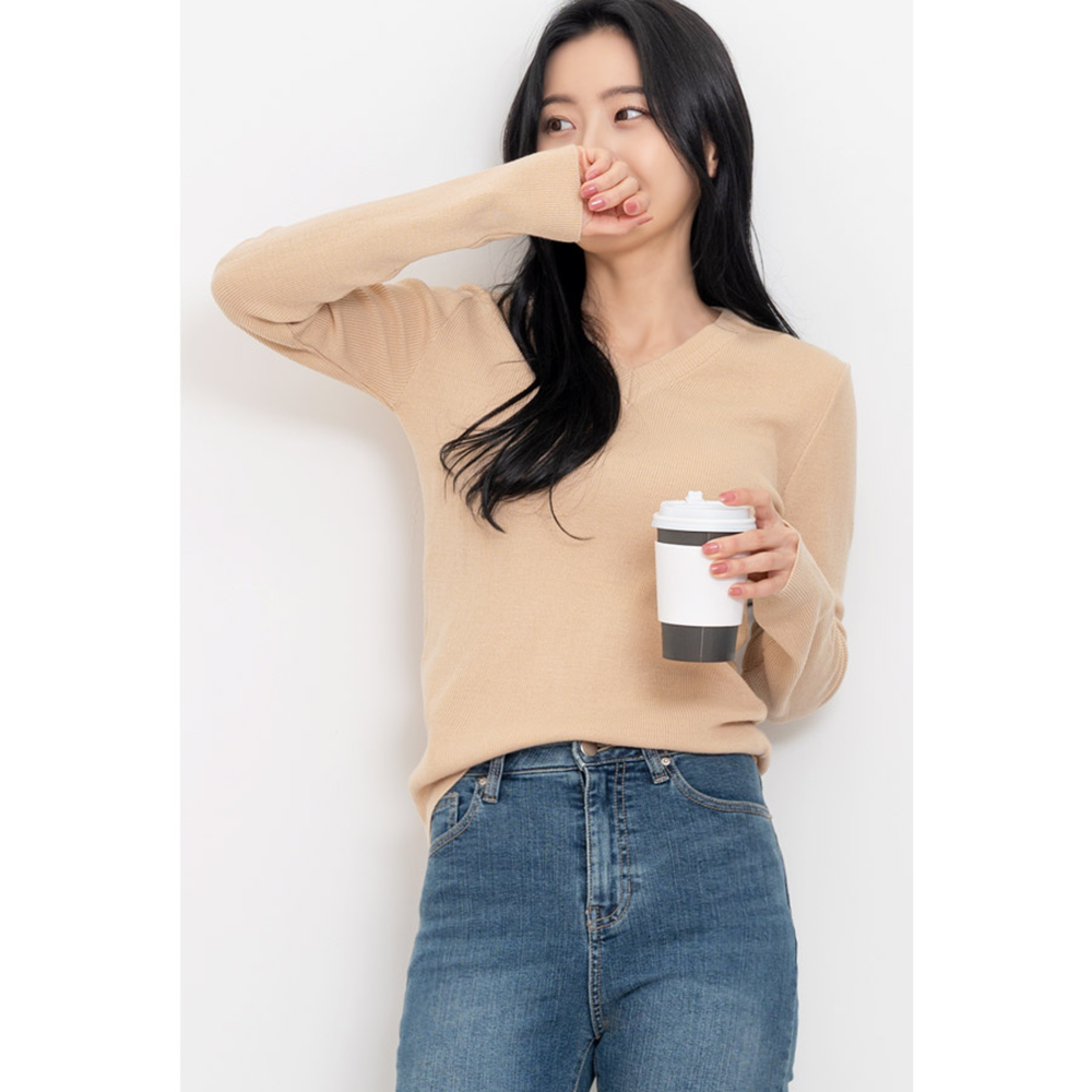 베이지색니트 브이넥 V넥 골지 간절기 봄 가을 슬림핏 니트 - 상세 이미지 2