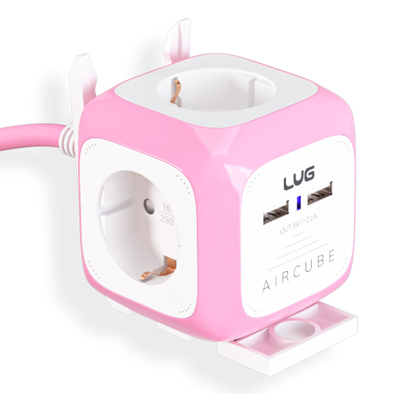 러그박스 4구+USB2구 큐브 납작 멀티탭 3m 핑크 고용량 3500W 콘센트 - 상품 이미지