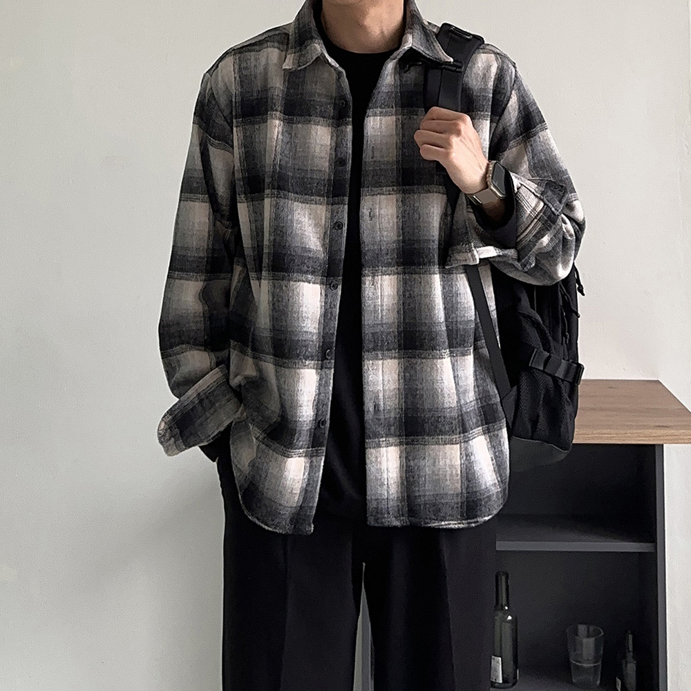 남자 셔츠 오버핏 모직 기모 겨울 체크 셔츠 남자남방 - 상세 이미지 2