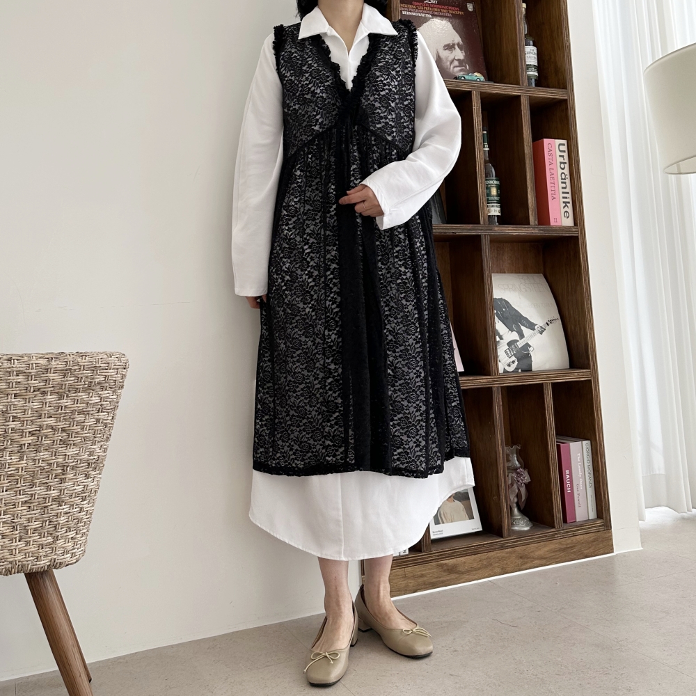 자체제작 빅사이즈 블랙 레이스 시스루 캉캉프릴 플라워 도트 패턴 레이어드 뷔스티에 원피스