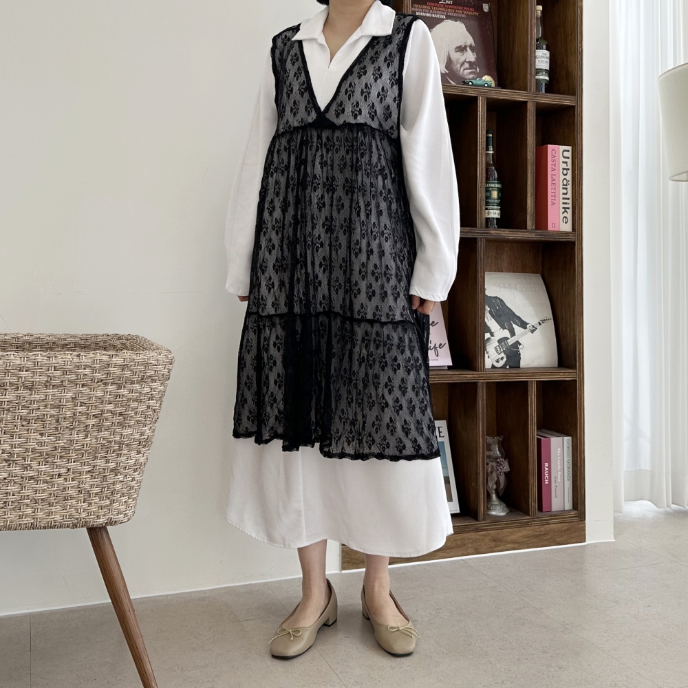 자체제작 빅사이즈 블랙 레이스 시스루 캉캉프릴 플라워 도트 패턴 레이어드 뷔스티에 원피스