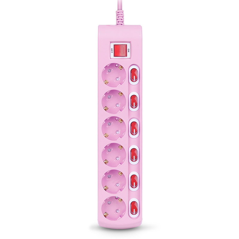 러그박스 6구 개별전원차단 3m 멀티탭 핑크 고용량 3500W - 메인 이미지