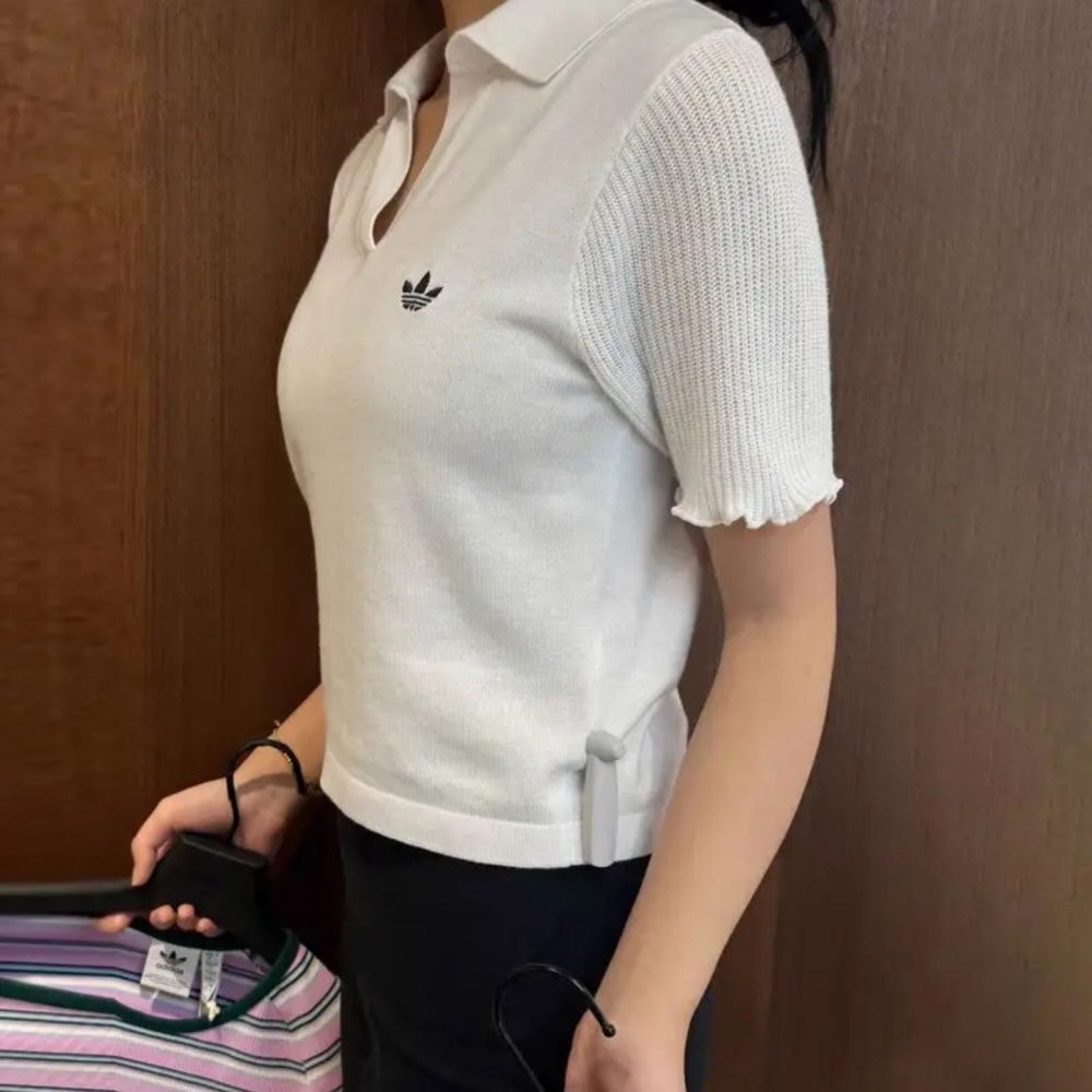 아디다스 오리지널 니트 폴로 카라 러플 티셔츠 화이트 - 상세 이미지 2